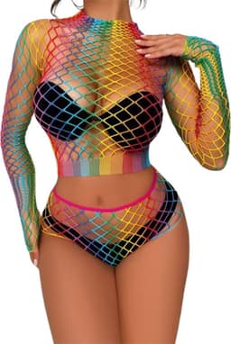 Cover-up Rainbow visnet Topje en Short - Sexy kleding voor haar - Regenboog outfit - Erotisch lingerie setje - Festival - Thema - Rollenspel — thumbnail 1