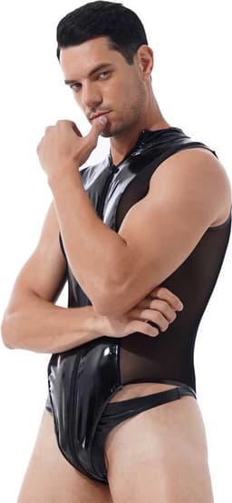 Mannen latex wetlook Catsuit - Erotische bodysuit PU Leder - Jumpsuit - Mouwloos - Transparante zijkanten - Ritssluiting — thumbnail 7