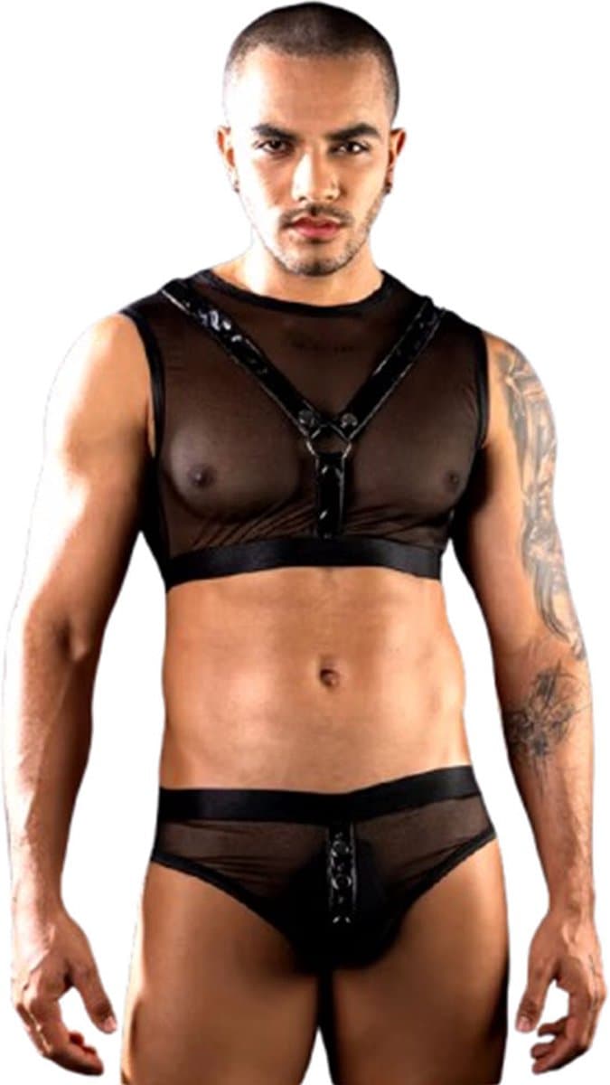 Erotische lingerie set mesh - Harnas - Metalen ringen - Top en slip - Transparant — afbeelding 1