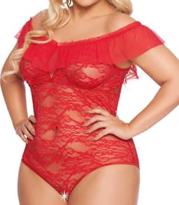 Softline - Kamila - Dames Lingerie Plus Size - Kanten Jurkje - Super Strakke Doorschijnende Chemise - Sexy Kanten Lingerie Set met Bloemen - Grote Maat - Uitdagende Bodystocking - Erotisch Setje - Rood - XL — thumbnail 2