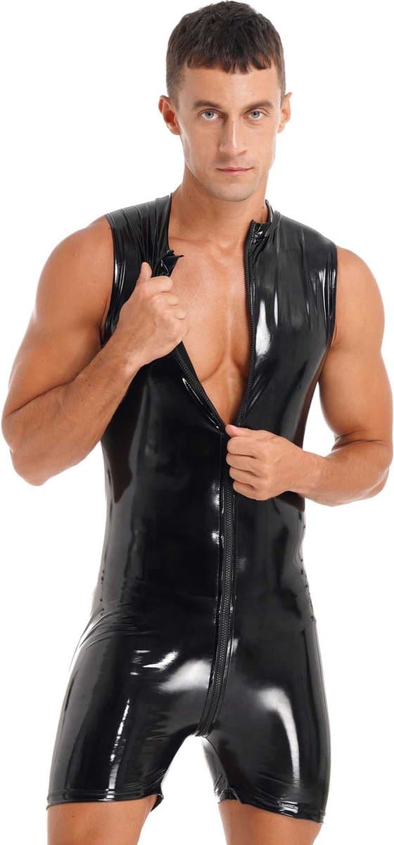 Heren Latex Wetlook jumpsuit deluxe - Mouwloos - Sexy bodysuit heren - PU lederen look - Bodycon - Club kleding - BDSM - SM — afbeelding 1