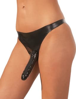LateX – Latex String met Voorbind Dildo en Interne Vaginale Dildo voor Dubbel Genot - Strap on - One Size - Zwart — thumbnail 1
