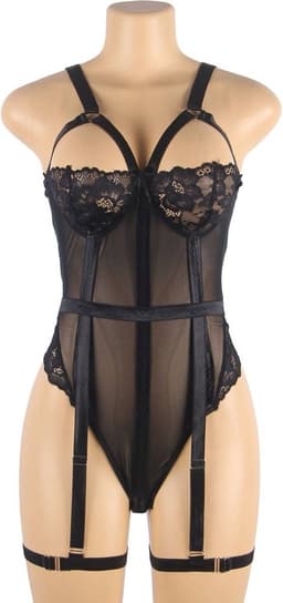 Sexy Lingerie - Luxe Erotische Body met kant - Half open cups - Strapless - Harnas - Shapewear - Jarretelbanden - Bondage look - Strappy Harness – Lingerie Top Teddy - Erotiek - Uitdagend - PLUS SIZE - Kleur Zwart - Maat XXXL-4XL — thumbnail 11