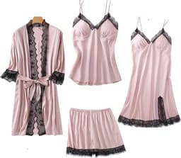 Xd Xtreme - 4-delig - Nachtkledingset roze / zwart M - nachtkleding - kimono - nachtjapon - badjas - ochtendjas - satijn - lingerie set - bodysuit - sexy - pyjama short en top - sleepwear - loungewear - neglige — thumbnail 1