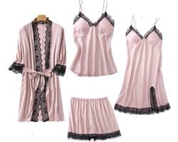 Xd Xtreme - 4-delig - Nachtkledingset roze / zwart M - nachtkleding - kimono - nachtjapon - badjas - ochtendjas - satijn - lingerie set - bodysuit - sexy - pyjama short en top - sleepwear - loungewear - neglige