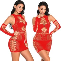 Erotische Babydoll Jurkje Met Mouwen I Erotische Lingerie I Sexy Kanten Jurkje I Erotisch Ondergoed I One Size I Rood — thumbnail 1
