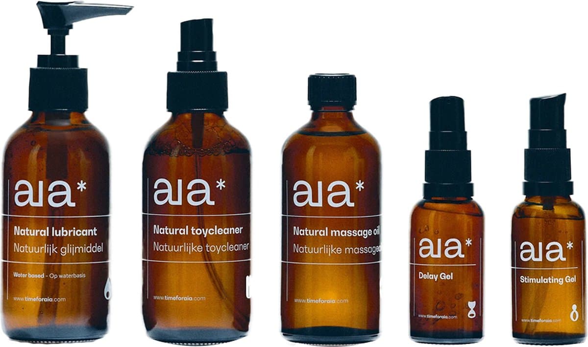Aia* Bundel - Natuurlijk Glijmiddel op waterbasis - Natuurlijke Massageolie - Natuurlijke Toycleaner - Stimulerende Gel - Delay Gel — afbeelding 1