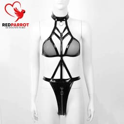 Erotische Uitgeholde Bodysuit - Jumpsuit - Lingerie - Wetlook - Zwart - Rits — thumbnail 2