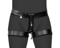 PU Leather Female Chastity Belt with Leg Restraint - Black