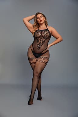 Christine le Duc - Catsuit Curvy met Bloemenprint van Kant - Lingerie Erotisch - Zwart — thumbnail 2