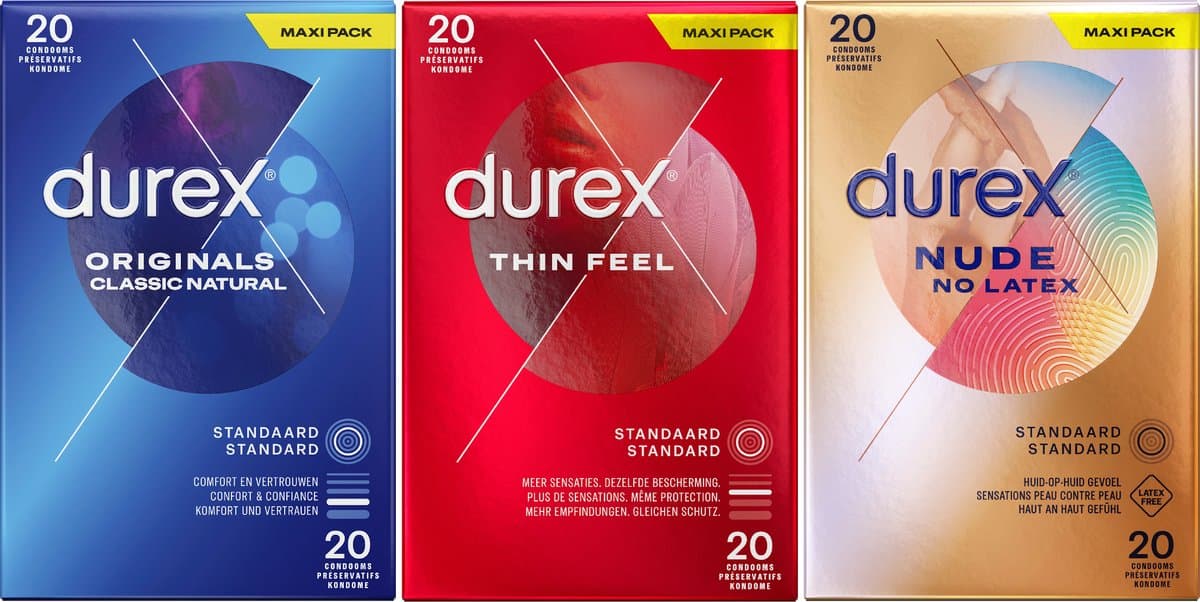 Durex - 60 Condooms - Thin Feel 20 stuks - Classic Natural 20 stuks - Nude No Latex Huid op Huid gevoel 20 stuks - Voordeelverpakking — afbeelding 1