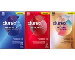 Durex - 60 Condooms - Thin Feel 20 stuks - Classic Natural 20 stuks - Nude No Latex Huid op Huid gevoel 20 stuks - Voordeelverpakking