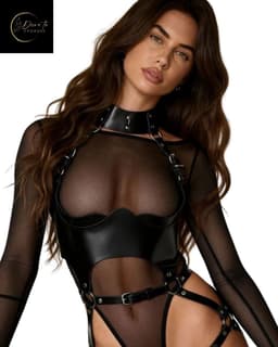 Sexy Lingerieset – PU Lederen Harnass Body – Lingerie Erotisch – Sexy Lingerie Setje – Bondageset – Harnasset – Verstelbaar – Erotische Lingerie Dames – Fetish – SM – Zwart – Kinky Lingerie – BDSM – Wasteland – B.I.T.C.H. – Dare to Undress –One Size — thumbnail 2