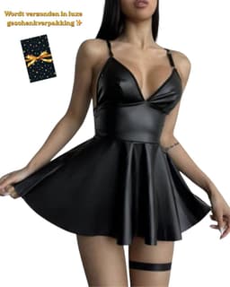 Latex Wetlook Sexy Jurkje – Lingerie Erotisch – Zwart – Lingerie Setje – Luxe Lingerieset – Leren PU Lingerie Jurkje – Leatherlook – Verleidelijk & Mysterieus – Inclusief Chocker – Kinky – BDSM – Festival Outfit – Clubwear – Wasteland – S, M, L, XL — thumbnail 7