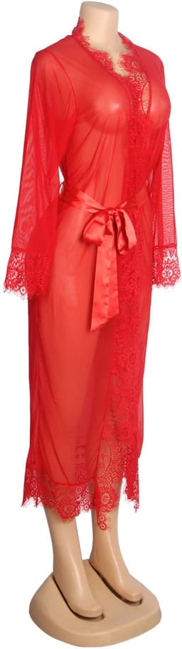 Zeloria Lange Mesh Kimono met Kant – Transparante Lingerie Robe met Ceintuur – Rood– XL/XXL — thumbnail 11
