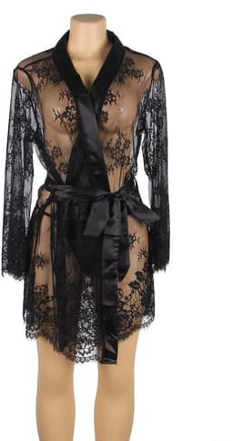Zeloria Kanten Kimono Set met String – Transparante Sexy Nachtmode – Zwart – XL/XXL — thumbnail 10