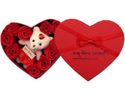 Rozen Teddybeer Cadeaubox - Zeepbloem Romantisch Geschenk - Binnenshuis Decoratie - Eeuwige Schoonheid - Hartvormig - Rood