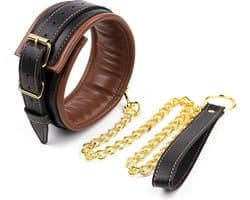 Banoch - Collar & leash Gold - Halsband en Riem - cognac bruin met goud - bondage