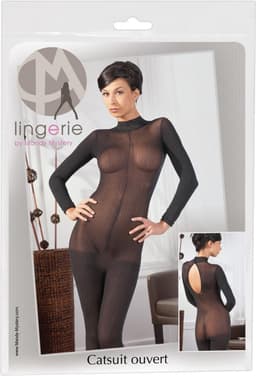 Mandy Mystery Lingerie –  Catsuit met Open Rug en Kruis met Kant Afgewerkt Kraag – Maat M/L - Zwart — thumbnail 4