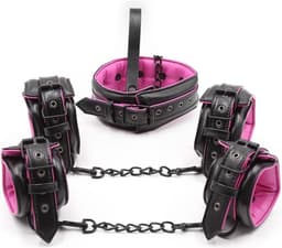 Banoch | Bondageset Hot Pink - halsband,riem, handboeien en enkelbanden pu Leer- zwart - roze — thumbnail 1