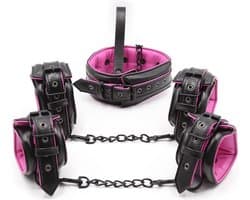 Banoch | Bondageset Hot Pink - halsband,riem, handboeien en enkelbanden pu Leer- zwart - roze