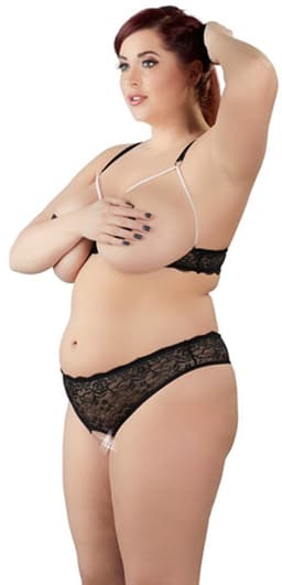 Cottelli Plus Size –  Lingerie Set van Kant Open Kruis en Borsten met Parelbanden – Maat 3XL – Zwart — thumbnail 3