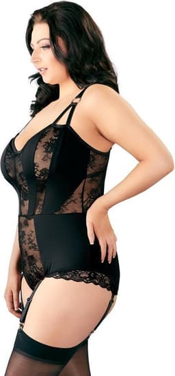 Cottelli Plus Size – Jarretel Body Lingerie Set met Transparante Delen en Verticale Stukken Vrouwelijk en Uitdagend – Maat 85E/L – Zwart — thumbnail 4