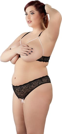 Cottelli Plus Size –  Lingerie Set van Kant Open Kruis en Borsten met Parelbanden – Maat 4XL – Zwart — thumbnail 3