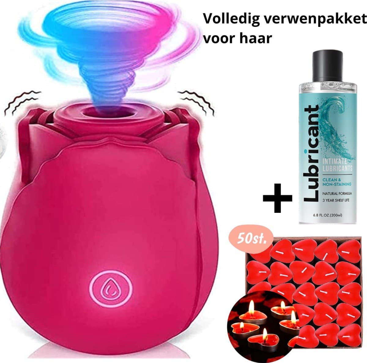 Intiem cadeau - Luchtdruk Vibrator Roos - Verwenpakket vrouw - Cadeau voor vriendin - 50 hartjes kaarsjes - 200ML Glijmiddel — afbeelding 1