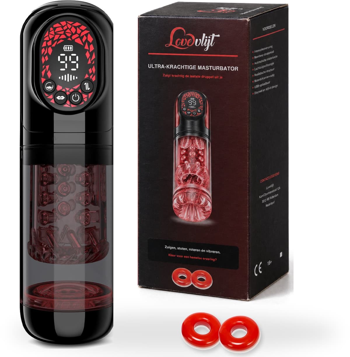 LoveVlijt - Krachtige 4-in-1 Masturbator - Zuigen, Stoten, Roteren en Vibreren - Automatische Masturbator met App - Sex Toys voor Mannen - Blowjob Simulator - Kunstvagina - Pocket Pussy - voor Handsfree Orgasmes - Inclusief 2 Cockringen — afbeelding 1