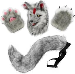 Hond Hoofd Masker Nieuwigheid Pluche Staart Klauw Poot Wanten Handschoenen Set Halloween Party Maskerade Kostuum Cosplay — thumbnail 1