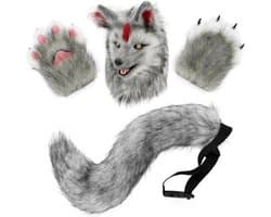 Hond Hoofd Masker Nieuwigheid Pluche Staart Klauw Poot Wanten Handschoenen Set Halloween Party Maskerade Kostuum Cosplay