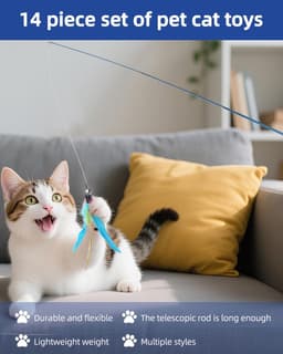14 stuks kattenspeelgoed met veren, interactief kattenspeelgoed, veer, kattenvissen, stabiel met 2 schaalbare staven en 12 veren speelgoed met bellen voor kittens en katten — thumbnail 5