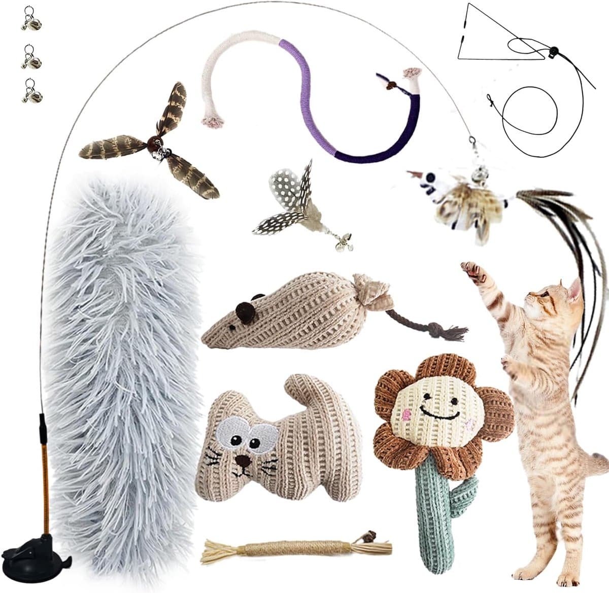 7-in-1 interactief kattenspeelgoed, zelfbezigheid, kattenhengel met wasbare zuignap, hangend kattenspeelgoed, kattenkruidstok en bijttouw, kauwspeelgoed, veer — afbeelding 1