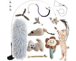 7-in-1 interactief kattenspeelgoed, zelfbezigheid, kattenhengel met wasbare zuignap, hangend kattenspeelgoed, kattenkruidstok en bijttouw, kauwspeelgoed, veer
