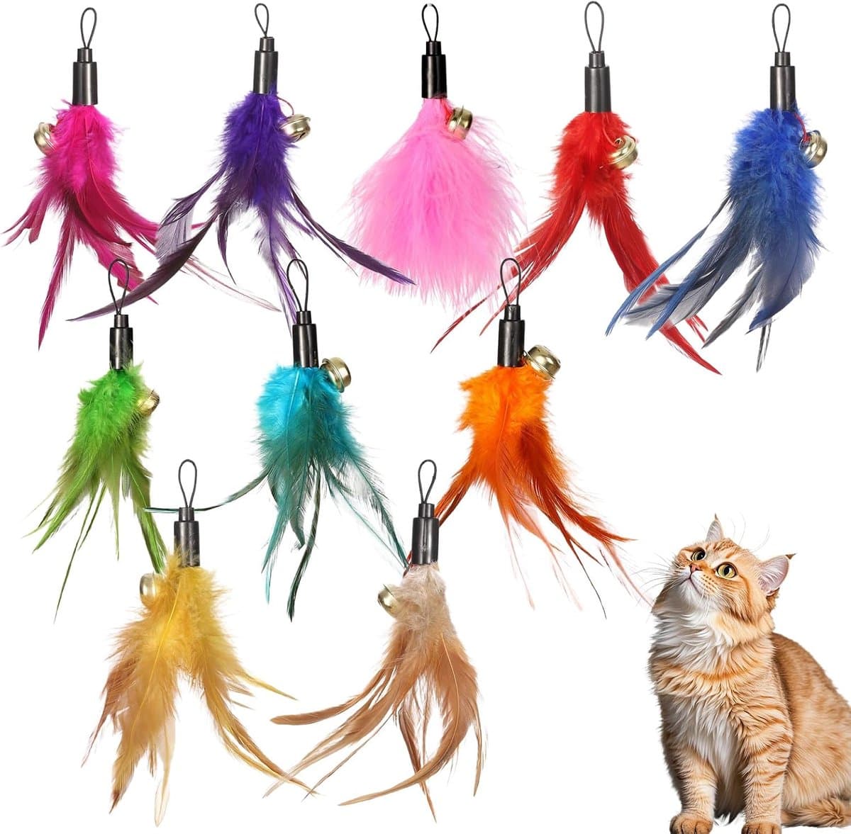 10 stuks kattenspeelgoed, veren met belletjes, interactief speelgoed voor katten, veerspeelgoed van natuurlijke veren, navulverpakkingen voor kattenspeelgoed voor beweging, interactief spel — afbeelding 1