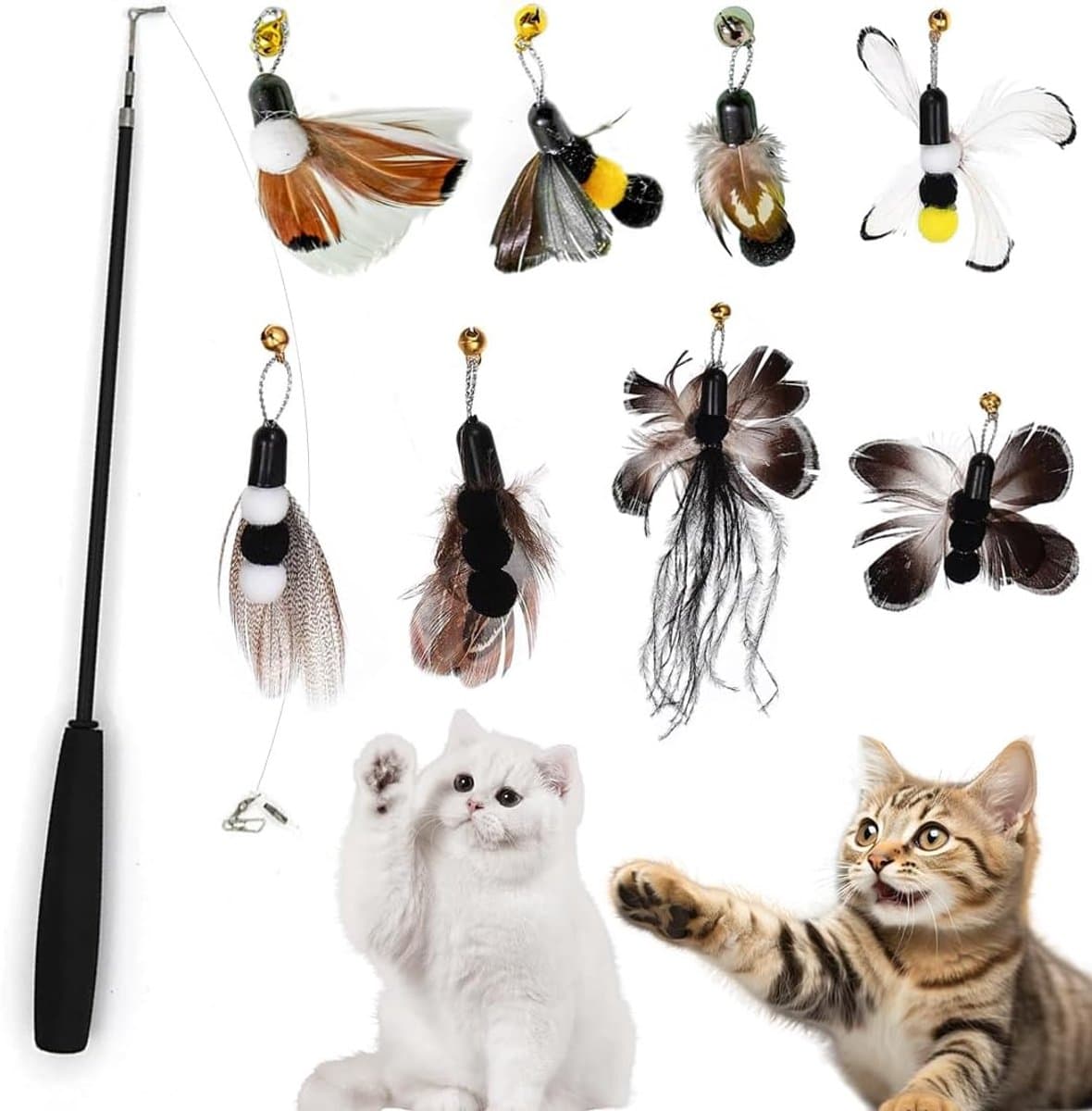 9 stuks interactief kattenspielgoed met veren, 1 uitschuifbare kattenhengel en 8 vervangende koppen met insecten en veren met belletjes, hoogwaardig voor binnenshuis katten en kattenbabys — afbeelding 1