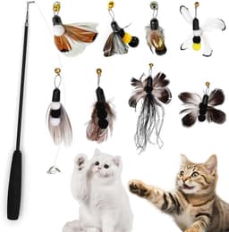 9 stuks interactief kattenspielgoed met veren, 1 uitschuifbare kattenhengel en 8 vervangende koppen met insecten en veren met belletjes, hoogwaardig voor binnenshuis katten en kattenbabys — thumbnail 1