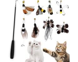 9 stuks interactief kattenspielgoed met veren, 1 uitschuifbare kattenhengel en 8 vervangende koppen met insecten en veren met belletjes, hoogwaardig voor binnenshuis katten en kattenbabys