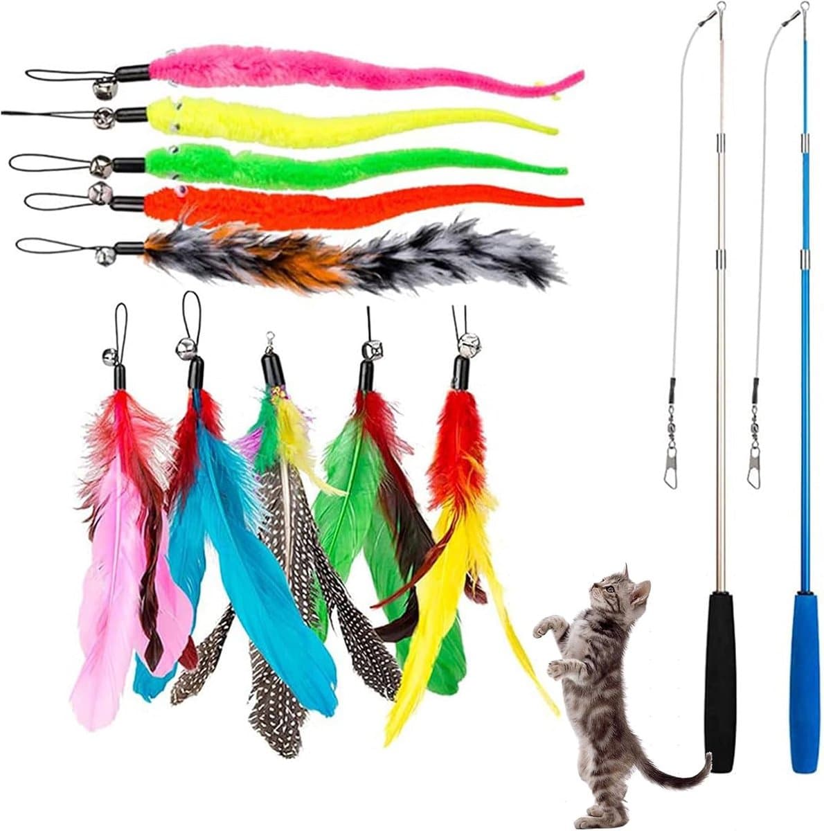 Kattenspeelgoed met Veren, Interactieve Kattenhengel Speelgoed Kattenstaaf Verwisselbaar, Vishengel Speelgoed, 2 Intrekbare Stokjes en 10 Vervangende Veren Bel, Kattenhuisdieren Speeltje — afbeelding 1