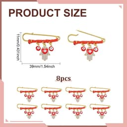 8 Hamsa geluksspeldjes roestvrij staal 5,8 cm rood koord — thumbnail 2