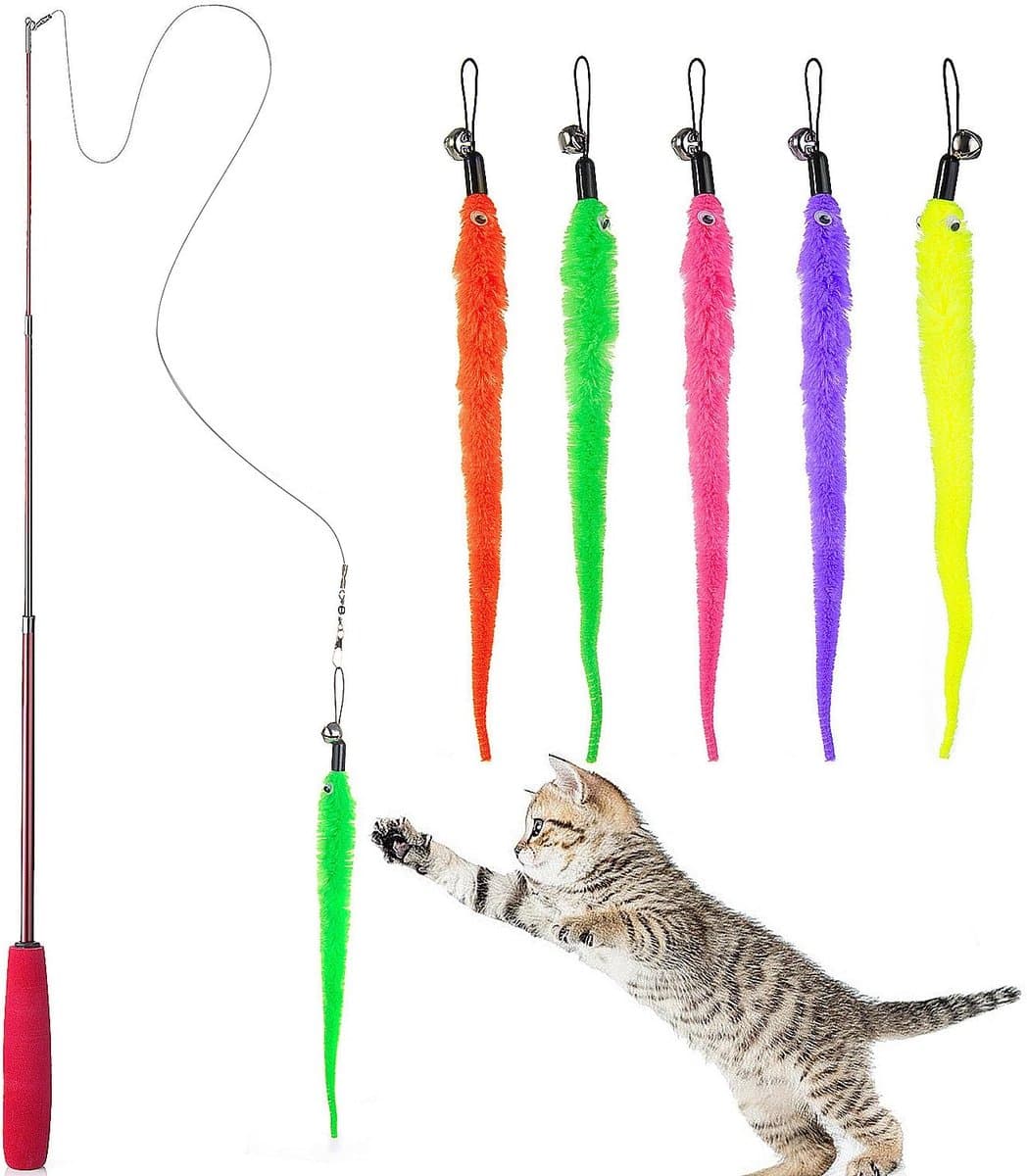 Kattenspeelgoed, intrekbaar natuurlijk veerstaafje, kattenspeelgoed met 5 stuks kattenhengel, vervangende worm, kattenspeelgoed — afbeelding 1