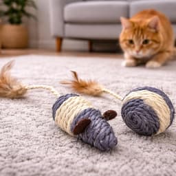 Muis 24 cm en bal 4 x 18 cm, sisal en veer, grijs wit — thumbnail 2