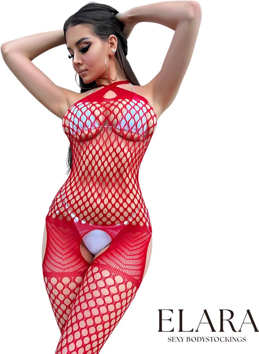 Elara - Elanissa - Bodystocking Erotische Lingerie met Open Kruis - Catsuit - S t/m XL - Sexy Dames Lingerie - Rood — afbeelding 1