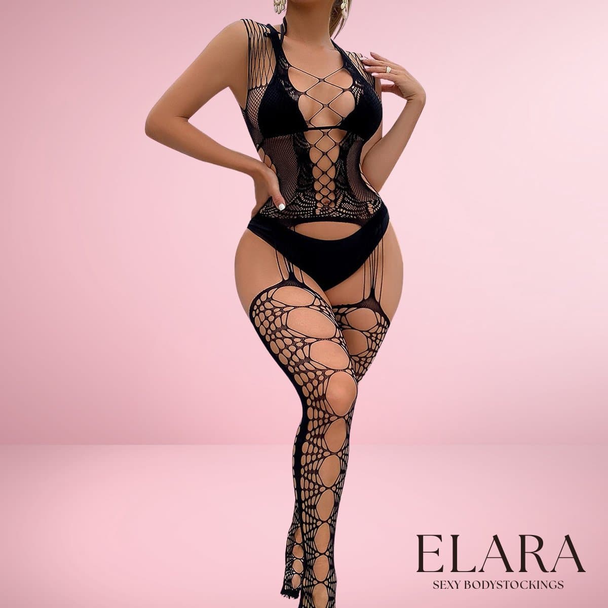 Elara - Nolena - Bodystocking Erotische Lingerie met Open Kruis - Catsuit - S t/m XL - Sexy Dames Lingerie - Zwart — afbeelding 1