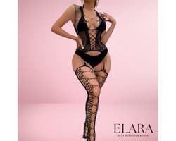 Elara - Nolena - Bodystocking Erotische Lingerie met Open Kruis - Catsuit - S t/m XL - Sexy Dames Lingerie - Zwart