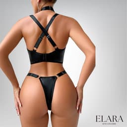 Elara Elvana – Sexy PU-Leder Lingerie Set met Choker & Strappy Slip – Verleidelijke BDSM Look – Zwart – M — thumbnail 2