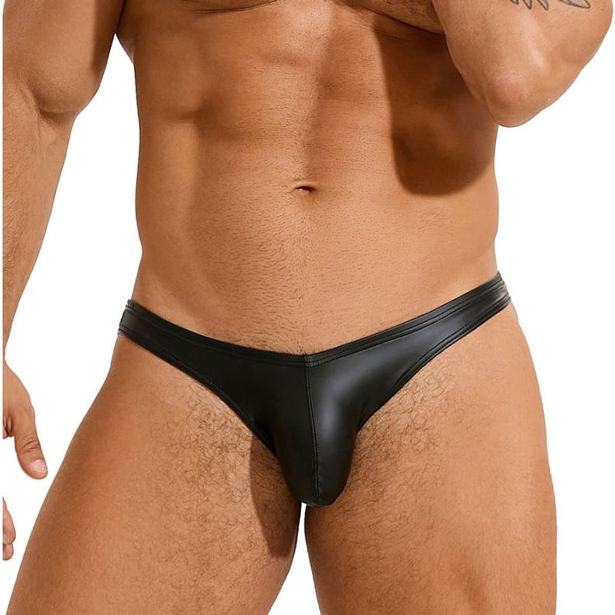 Erotische Heren Slip Zwart – Leatherlook Clubwear Ondergoed voor Mannen – SM Fetish String – cadeau voor hem — afbeelding 1