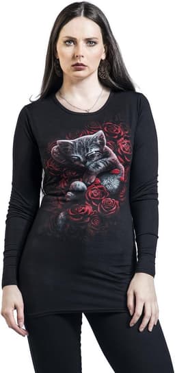 Zwart Lang T-Shirt met Kattenprint op Rozen voor Goth & Rock Stijl — thumbnail 3