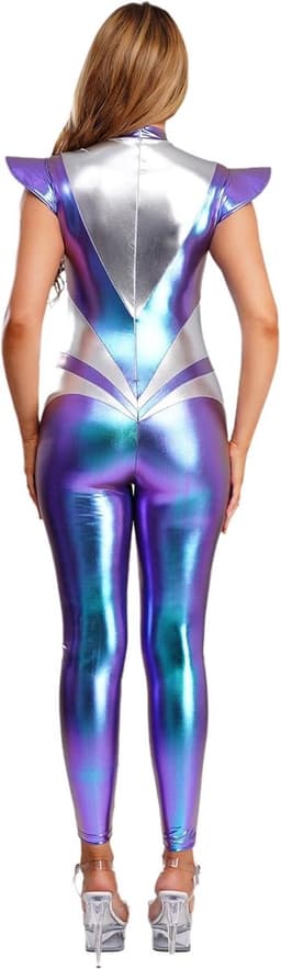 Metallic Jumpsuit - Glanzend Kostuum - Feestkleding - Stretchy Materiaal - Tot 3XL - Zilver — thumbnail 6